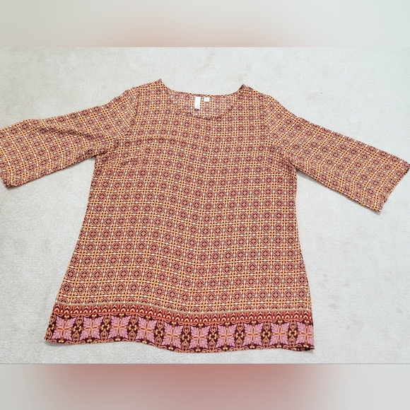 TACERA Women's Blouse XL Boho Geometric Print 3/4 Sleeve Flowing Fit Fall Colors - Picture 5 of 10